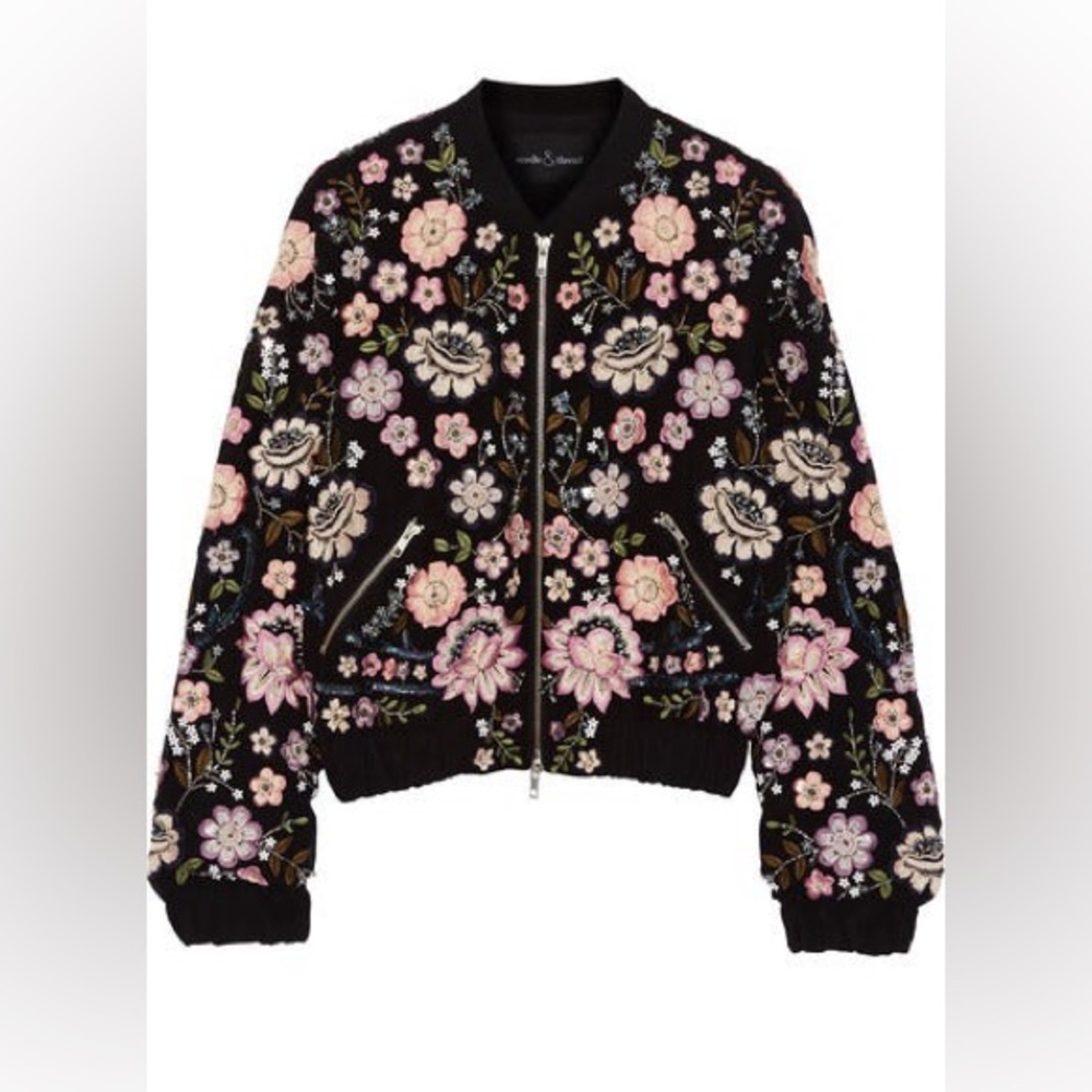Needle & Thread Floral Sequin Embroidered Black Bomber Jacket | Size 6 - Picture 2 of 7